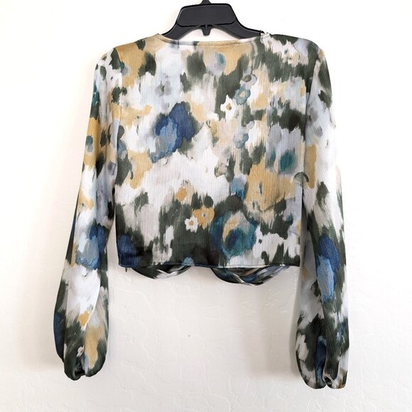 ZARA Blouse Women's M Multicolor Watercolor Sheer Lightweight Zipper Deep V Neck - Picture 4 of 14